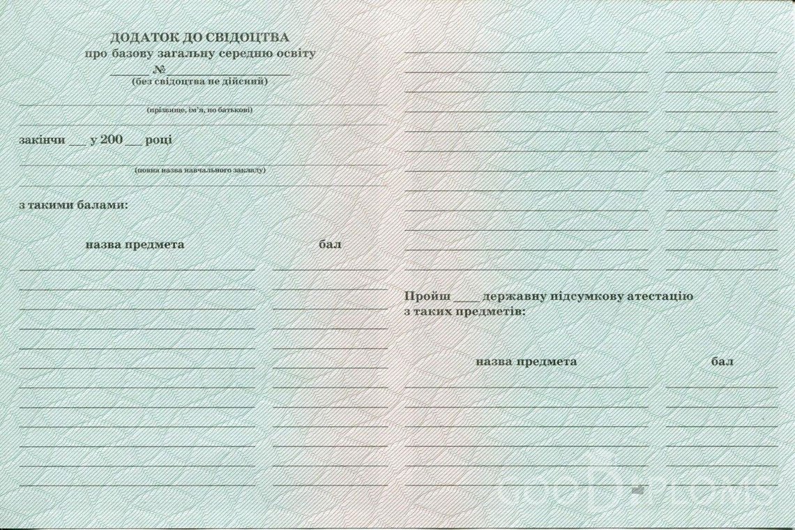 Украинский аттестат за 9 класс - Обратная Сторона приложения- Миргород